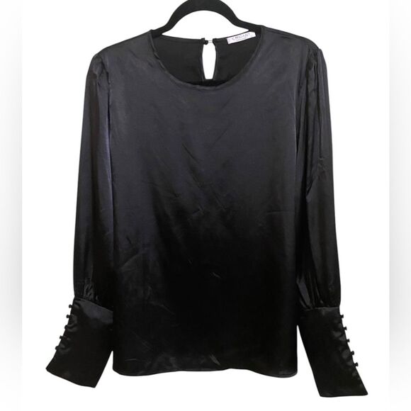 CHIGANT SZ Large Black Satin Blouse Puff French Cuff Sleeves Modest Elegant Chic - Picture 4 of 11